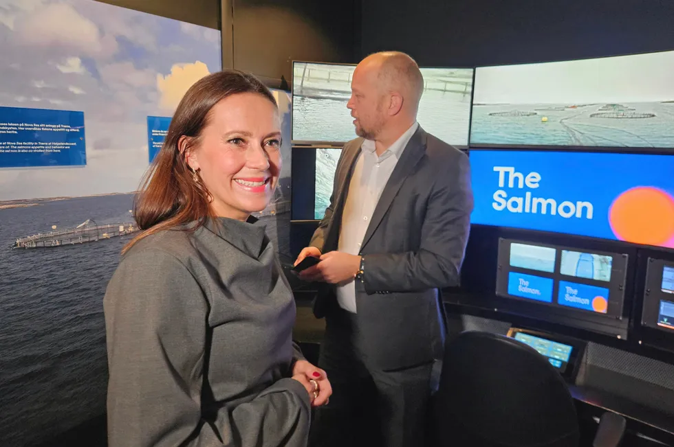 Fiskeri- og havminister Marianne Sivertsen Næss og finansminister Trygve Slagsvold Vedum presenterer utbetalinger fra havbruksfondet på The Salmon.