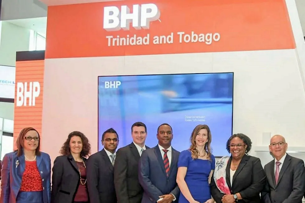 Hydrocarbon future: Barbados PM Mottley, second from right, with BHP officials