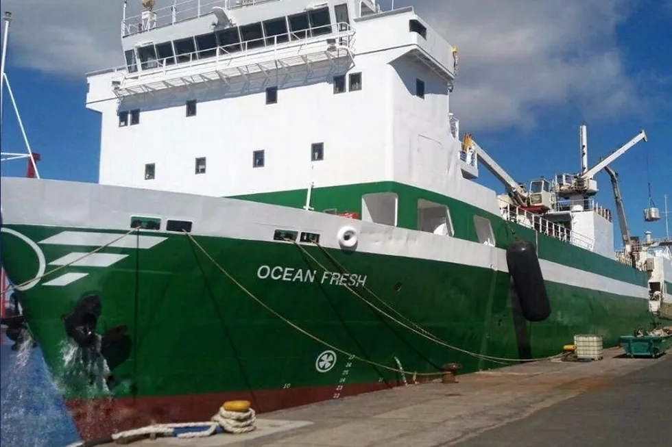 Fabrikkskipet «Ocean Fresh» er eneste av verdi etter konkursen i fiskeriselskapet Ocean Fresh Food. Her ved kai i Las Palmas.