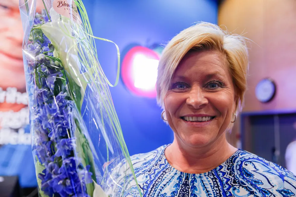 Frp-leder og finansminister Siv Jensen. Her fra Frp-landsmøtet i april, da hun ble gjenvalgt som partileder. Foto: Pedersen, Terje