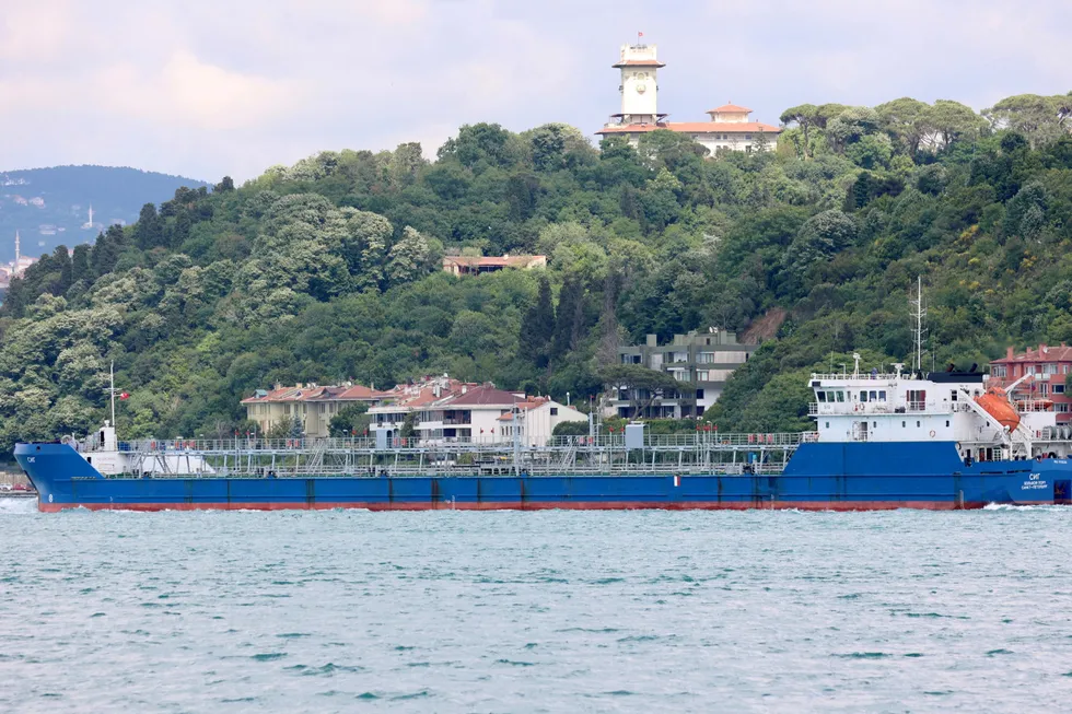 Target: Russian-flagged oil products Sig tanker transits the Bosphorus in Istanbul, Turkey, in June 2022.
