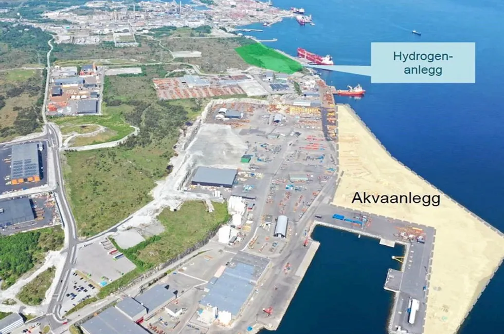 The planned site of liquid hydrogen production (in green) at the Aurora project in Mongstad, western Norway. Equinor's oil refinery is at the top of the picture.