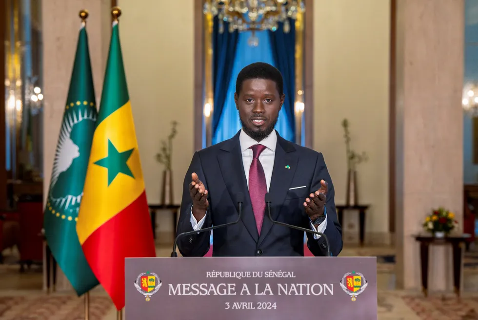 Senegal's newly elected president Bassirou Diomaye Faye addresses the nation on 3 April in Dakar.