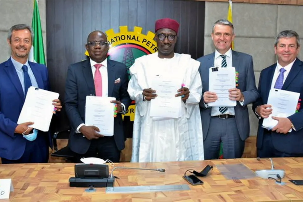 Centre-stage: NNPC managing director Mele Kyari (centre) and partners in the Bonga South West oilfield at a contract signing ceremony