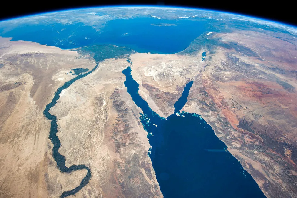 View from above: A photo taken from the International Space Station, shows the River Nile meeting the Mediterranean Sea at its green-coloured delta.