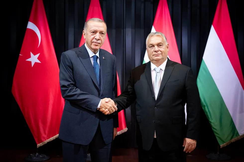 President Recep Tayyip Erdogan (til venstre) på besøk hos støttespiller statsminister Viktor Orban i august.