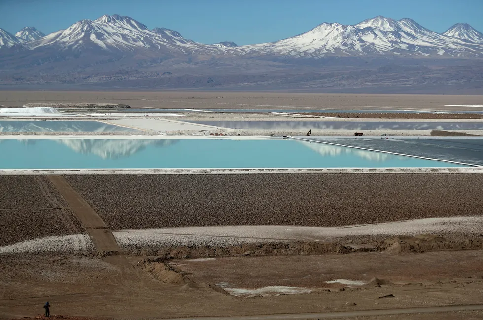 Lithium: brine pools from a lithium mine in the Atacama desert, Chile