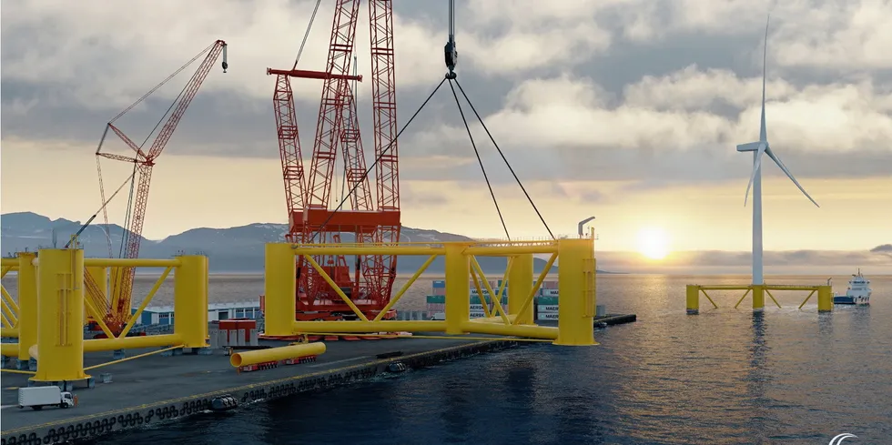 CGI of Ocergy floating wind platform design being lowered quayside