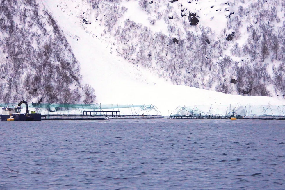 A snow avalanche hitting a Grieg salmon farm in Finnmark.