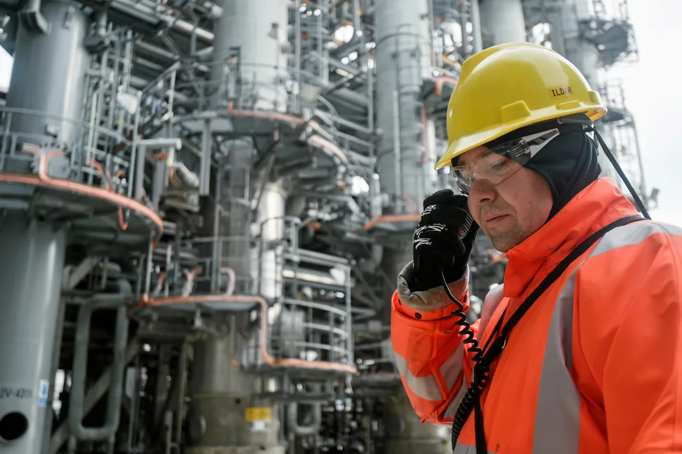 'In the office': a worker at the Sakhalin 2 LNG plant in the port city of Prigorodnoye, Russia.