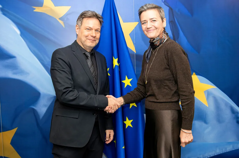 German vice-chancellor and minister for economic affairs and climate action Robert Habeck with the European Commission's top competition policy official Margrethe Vestager.