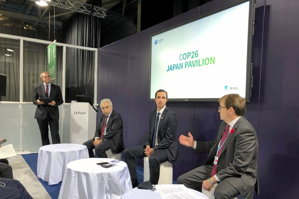 Hydrogen talk: (seated left to right) IEA executive director Fatih Birol, Chile’s Mining Minister Juan Carlos Jobet and Canada Natural Resources Minister Jonathan Wilkinson speaking at COP26 in Glasgow