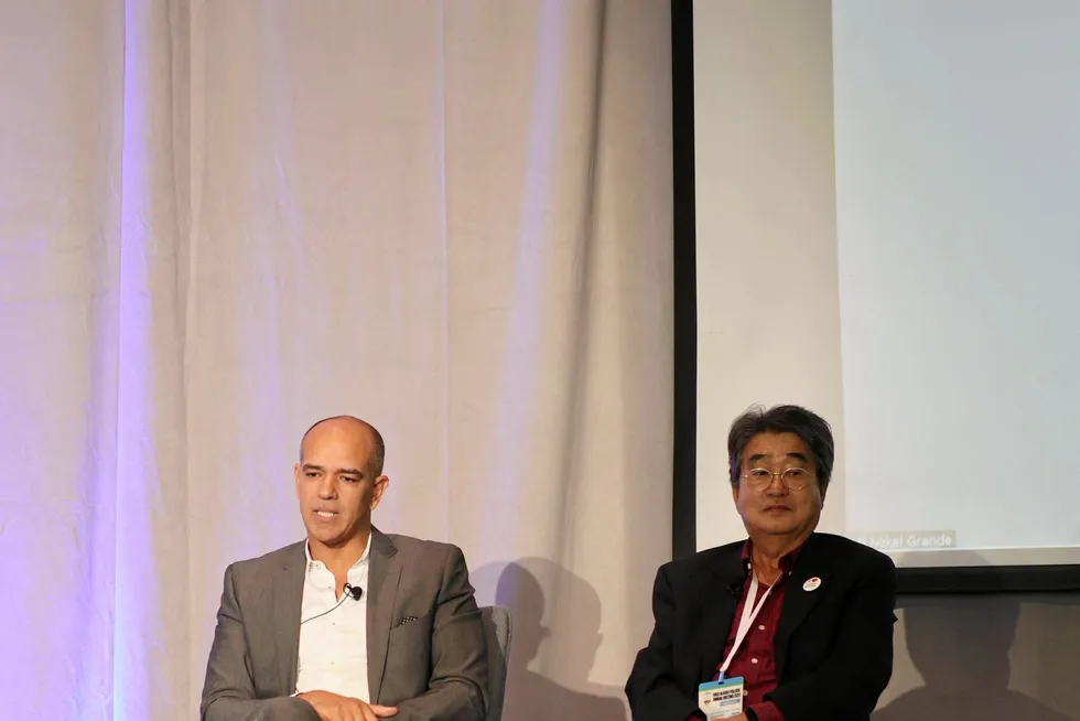 From left to right: Amin Nabli of Aquamar and Jae Park of Oregon State University speak at GAPP 2023.