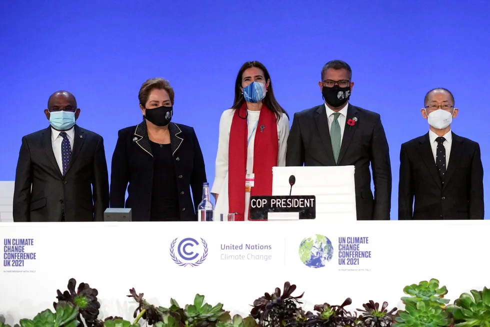 Under way: (left to right) Abdulla Shahid, UN General Assembly chair; Patricia Espinosa, executive secretary of the UN Framework Convention on Climate Change; Carolina Schmidt, Chilean environment minister; COP26 president Alok Sharma; and Hoesung Lee, IPCC chair, during COP26 opening ceremony in Glasgow.
