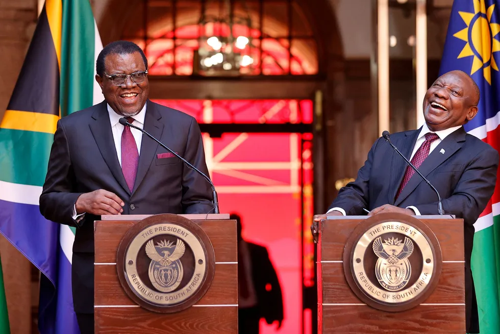 Upstream friends or rivals? South African President Cyril Ramaphosa (right) and Namibian President Hage Geingob at a press conference in Pretoria in April 2023.