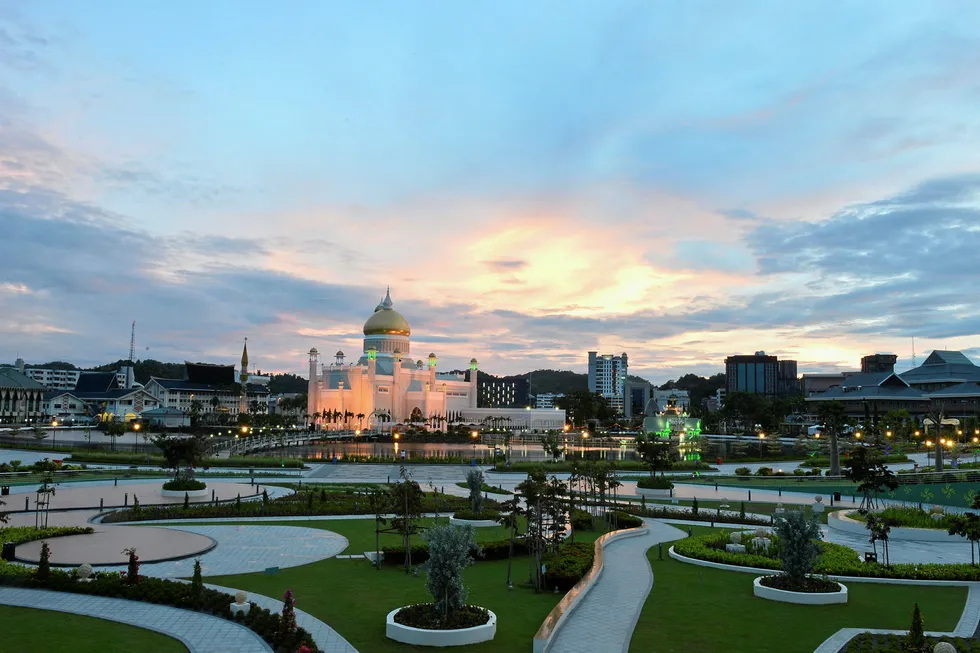 Capital: the Omar Ali Saifuddien Mosque in Bandar Seri Begawan, Brunei Darussalam