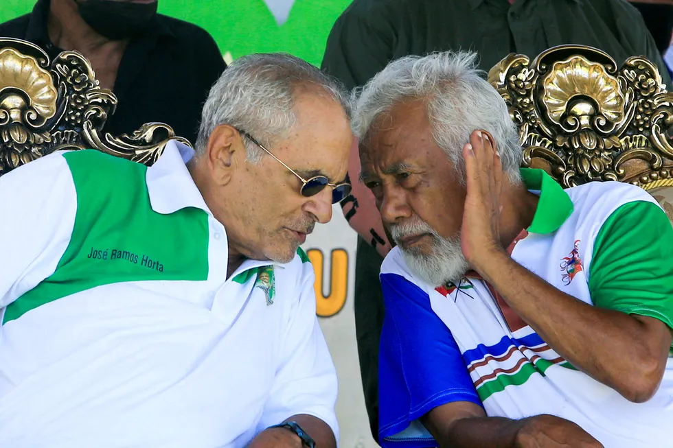 Triumphant: Jose Ramos-Horta (left) and Xanana Gusmao during a campaign rally ahead of the Timor-Leste's presidential election