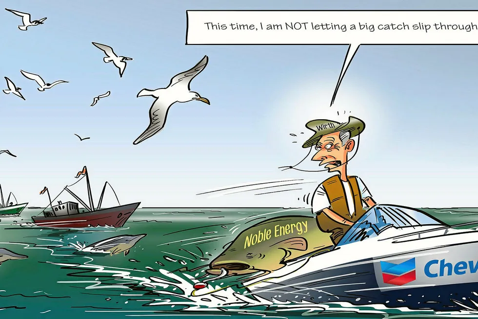 Off the hook? After agreeing to buy Noble Energy this week, Chevron will be hoping not to be blown out of the water again like it was last year by Occidental in its failed attempt to reel in Anadarko. (Upstream's cartoon, 24 July 2020.)