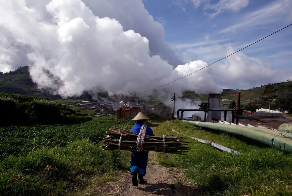 Geothermal energy: a villager carrying wood walks near Geo Dipa Energi's Dieng plant in Java, Indonesia