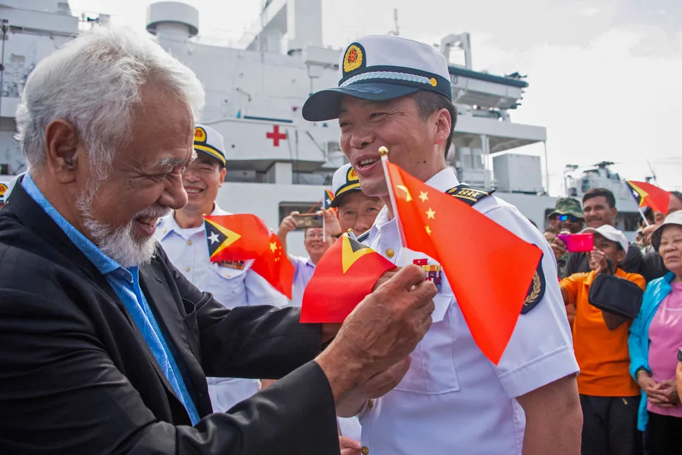 Big on the Sunrise project: Timor-Leste's Prime Minister Xanana Gusmao (left) this month received Rear Admiral Zhao Guangqing, the commander of the Chinese naval hospital ship 'Peace Ark' in Dili harbour