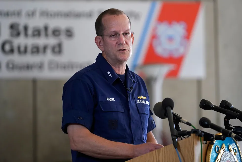 Search and rescue: Rear Admiral John Mauger of the US Coast Guard speaks to the media on 19 June in Boston.