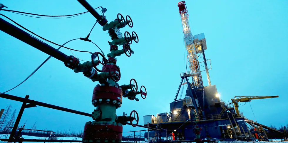 A wellhead and drilling rig at the Yarakta oilfield in the Irkutsk region of Russia