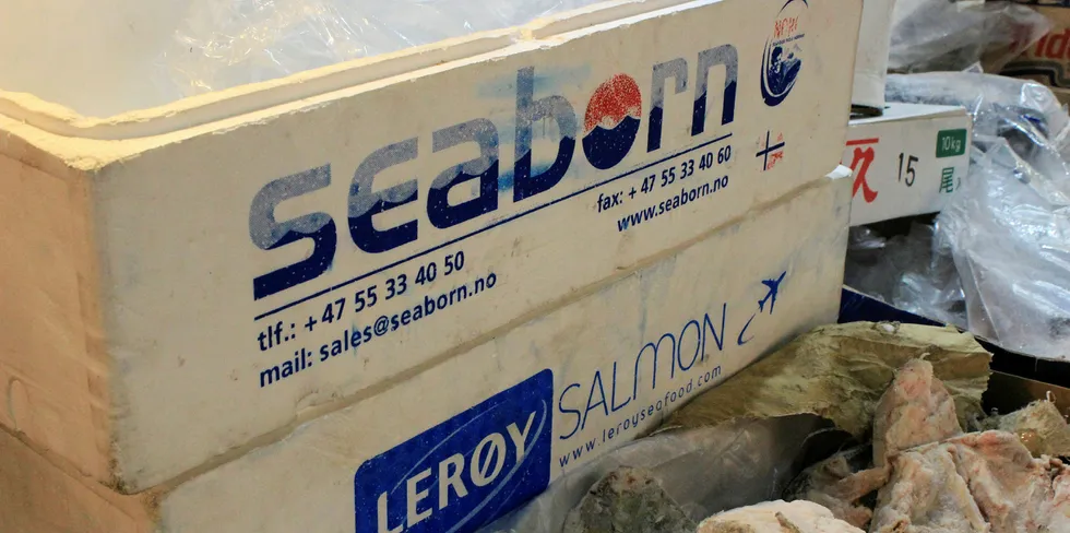 Laks frå Lerøy og Seaborn på fiskemarknaden Tsukiji i Tokyo.