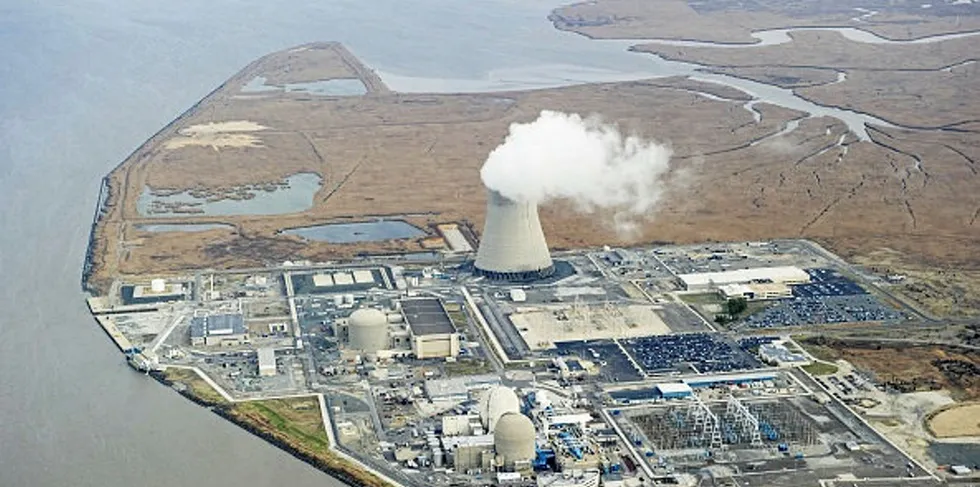 Aerial view of Salem and Hope Creek nuclear generating stations on the Delaware River, New Jersey