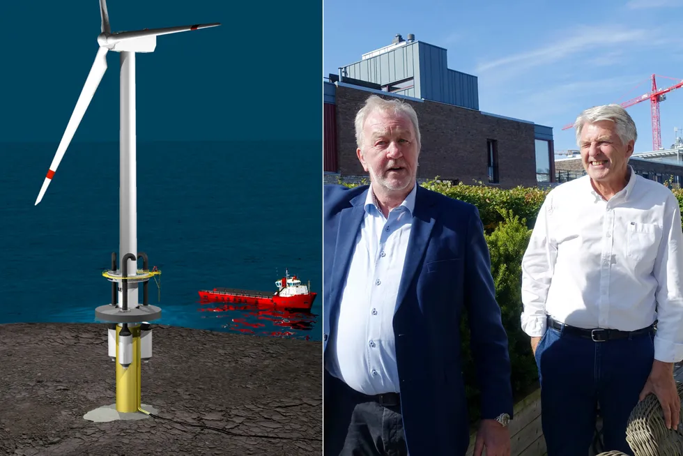 Slik ser teknologigründerne Per A. Vatne (til venstre) og Pål Norheim for seg kombinasjonen av en tradisjonell vindturbin og et småkraftanlegg inne i søylen drevet av bølgekraft.