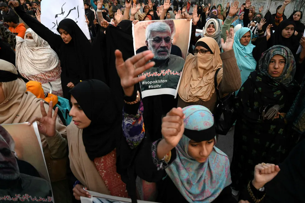 Oil worker exit: protesters shout slogans against the US during a demonstration following a US airstrike that killed top Iranian commander Qasem Soleimani in Iraq