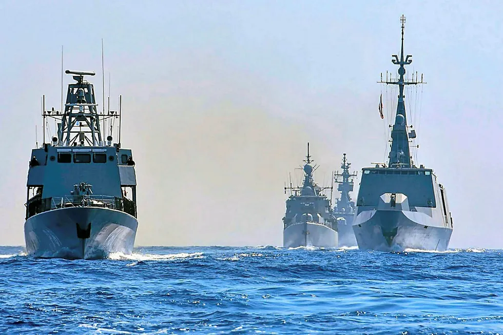 Show of strength: warships from Greece, Italy, Cyprus and France participate in a joint military exercise last week, south of Turkey in East Mediterranean sea