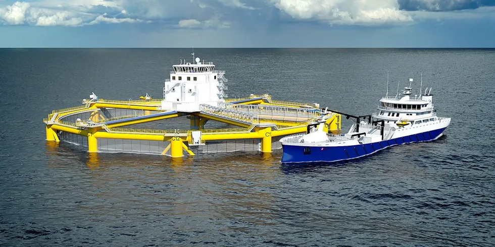 Illustrasjoner av den nye oppdrettsmerden eller oppdrettsinstallasjonen som Salmar-selskapet Ocean Farming har laget.