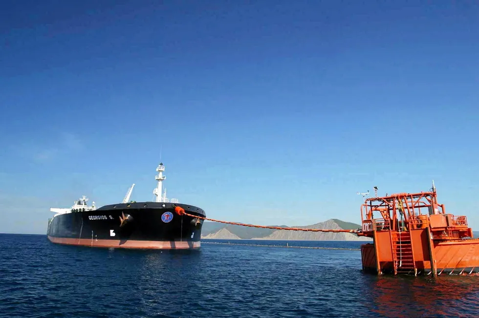 Thin connection: a tanker and loading buoy at the Caspian Pipeline Consortium loading terminal at Novorossiysk