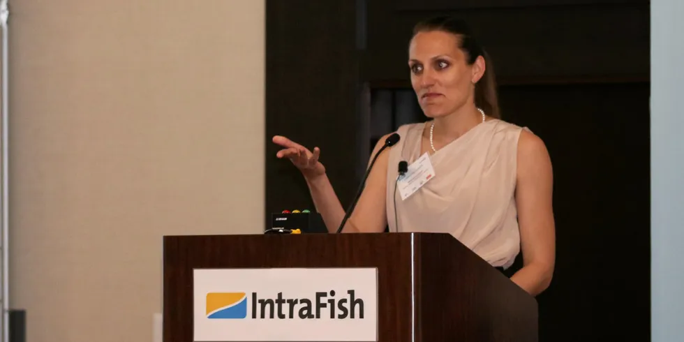 ASMI's Hannah Lindoff speaking at IntraFish Women in Seafood event in Seattle.