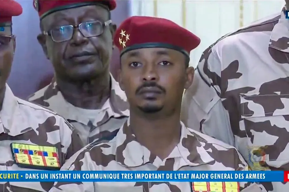 New president: Mahamat Idriss Deby, 37, son of Chadian President Idriss Deby, is seen during a military broadcast announcing the death of his father on state television on 20 April 2021