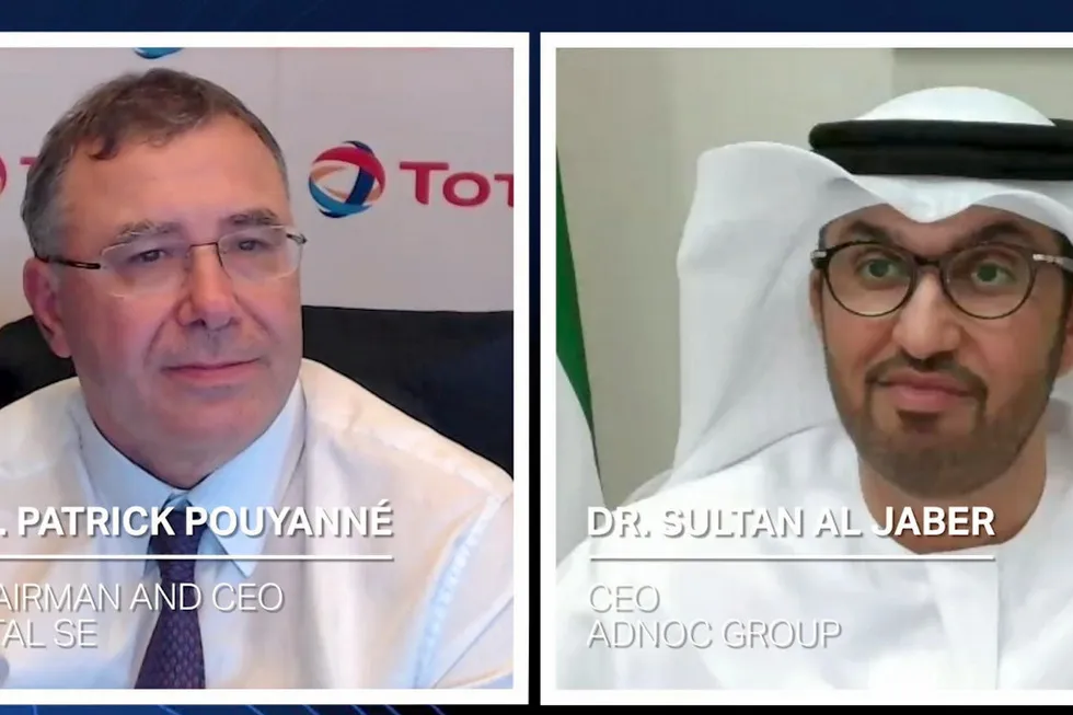 Teaming up: Total chief executive Patrick Pouyanne (left) and Adnoc counterpart Sultan Ahmed al Jaber