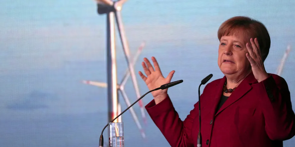 Angela Merkel, Germany's chancellor, at the inauguration ceremony of the Arkona wind park in the Baltic Sea