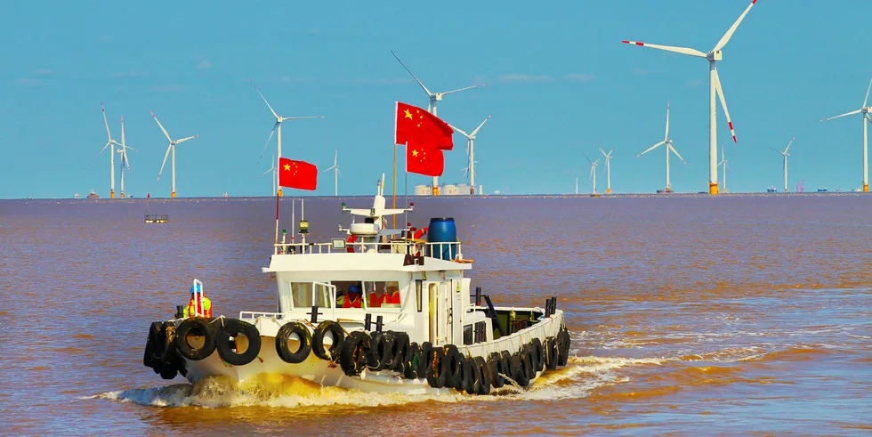 A view of an offshore wind farm of Longyuan Power in Rudong, China.