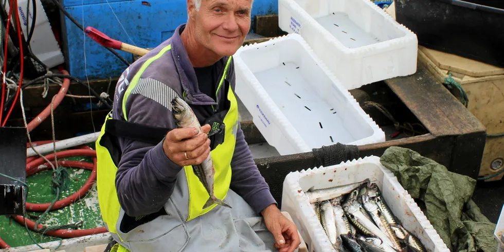 Kystfisker Sverre Gunnar Syvertsen på «Strandbuen» av Mandal tar dorgefangster i Ryvingen-området og han la til kai onsdag med 177 kilo makrell.
