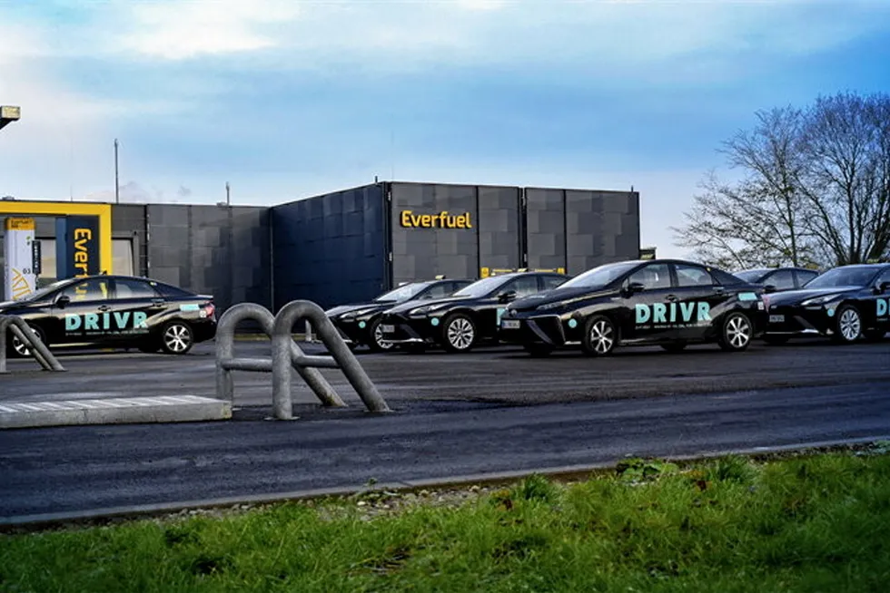 Toyota Mirai vehicles owned by taxi firm DRIVR at an Everfuel filling station in Denmark.