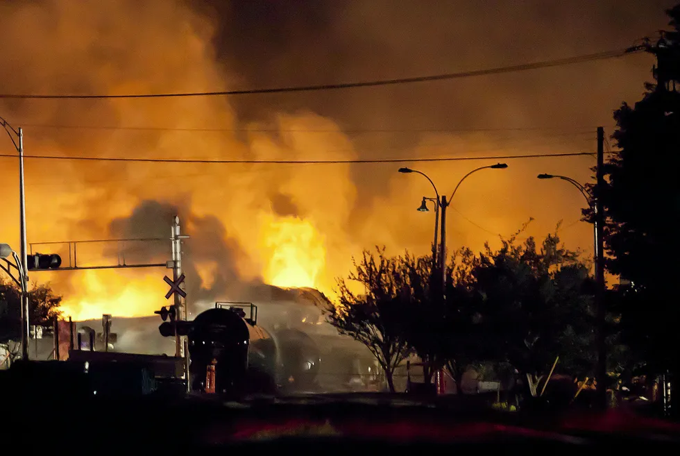 Dangers: a total of 47 people were killed by an explosion after a train carrying crude from the Bakken shale of North Dakota derailed in Lac-Megantic, Quebec in 2013