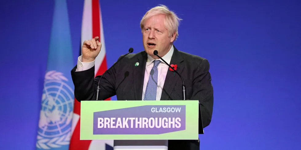 UK Prime Minister Boris Johnson speaks during the World Leaders' Summit "Accelerating Clean Technology Innovation and Deployment" session at COP26.