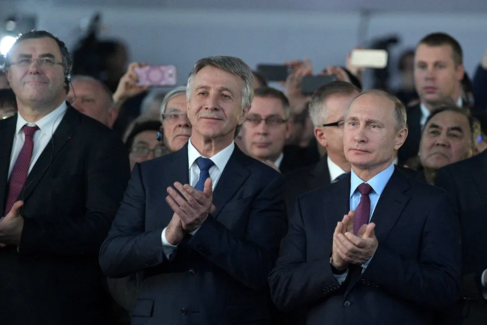 Support: Russian President Vladimir Putin (right) is accompanied by Novatek chairman Leonid Mikhelson (left) at a ceremony near the Yamal LNG plant on the Yamal Peninsula in Russia