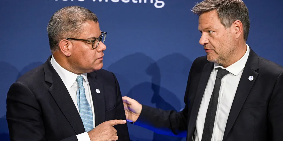 UK cabinet minister and COP26 president Alok Sharma speaks with German economics and climate minister Robert Habeck speaking at the G7 meeting of climate, energy and environment ministers in Berlin on Friday.