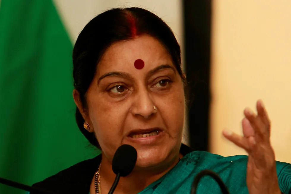 Indias utenriksminister Sushma Swaraj. Foto: Gemunu Amarasinghe/AP