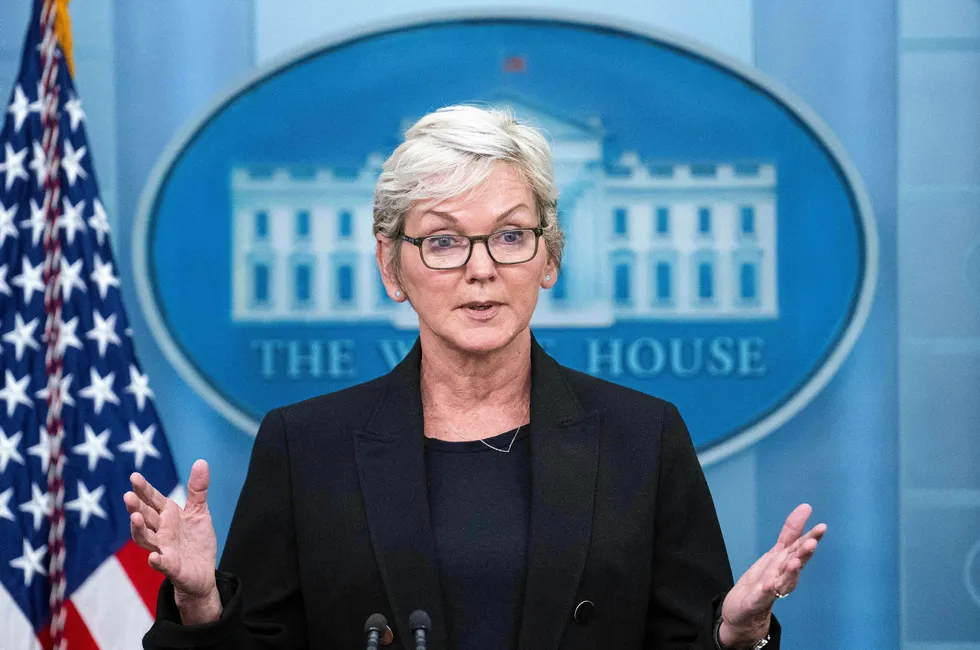 US Energy Secretary Jennifer Granholm, who leads the DOE, speaking at a White House press briefing.