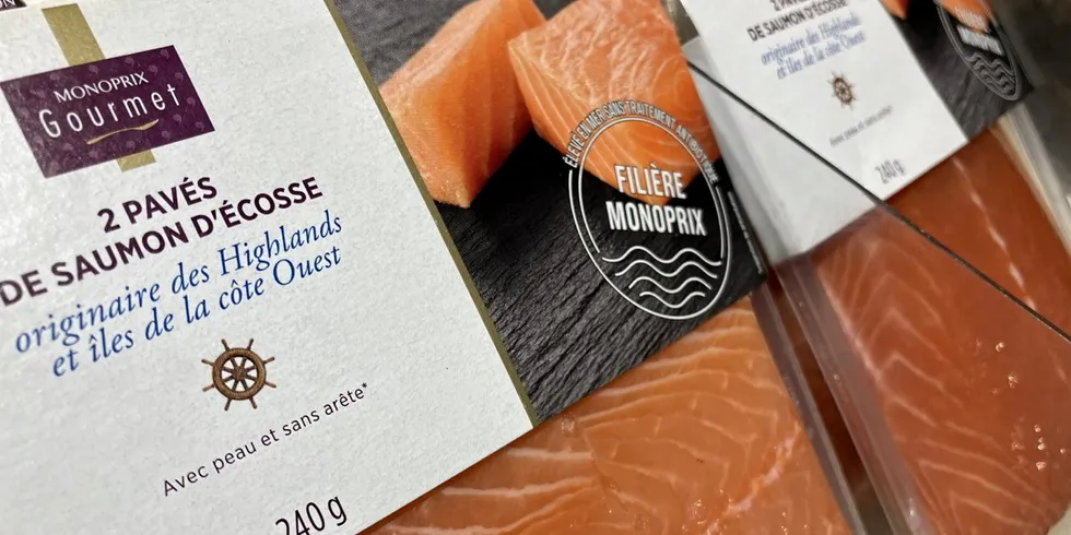 Smoked salmon sit on retail shelves in France at retailer Monoprix. The price of farmed salmon has put severe pressure on manufacturers.