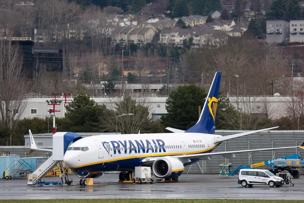 Ryanair er blant flyselskapene som er berørt av leveringsforsinkelser fra Boeing. Her er en Boeing 737-8AS på flyprodusentens fabrikk i Renton utenfor Seattle.