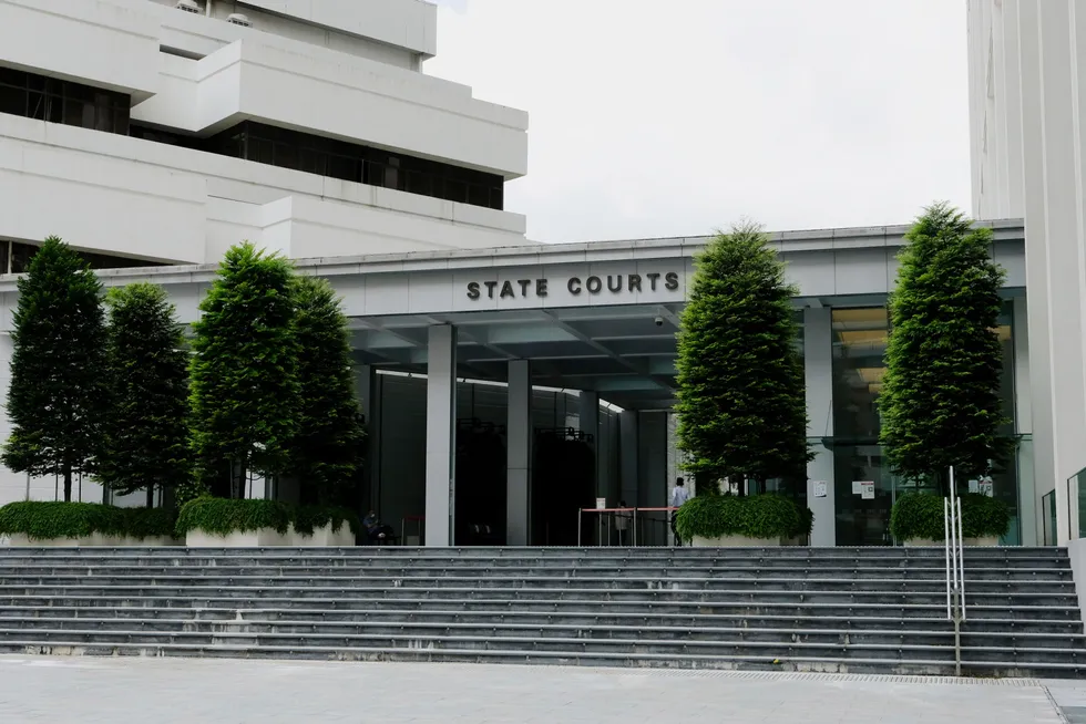 Charged: the main entrance of the State Courts in Singapore, pictured in February 2022.