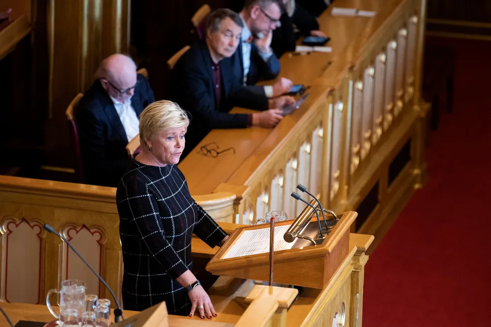 Finansminister Siv Jensen legger frem statsbudsjettet for 2020.